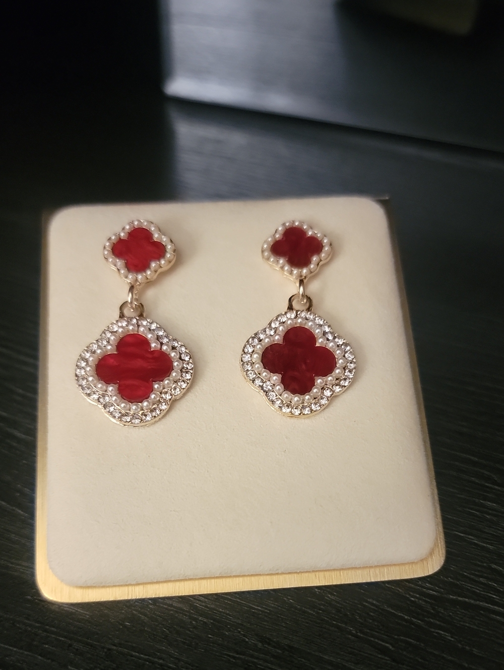 Red Clover Drop Earrings with Crystal Halo